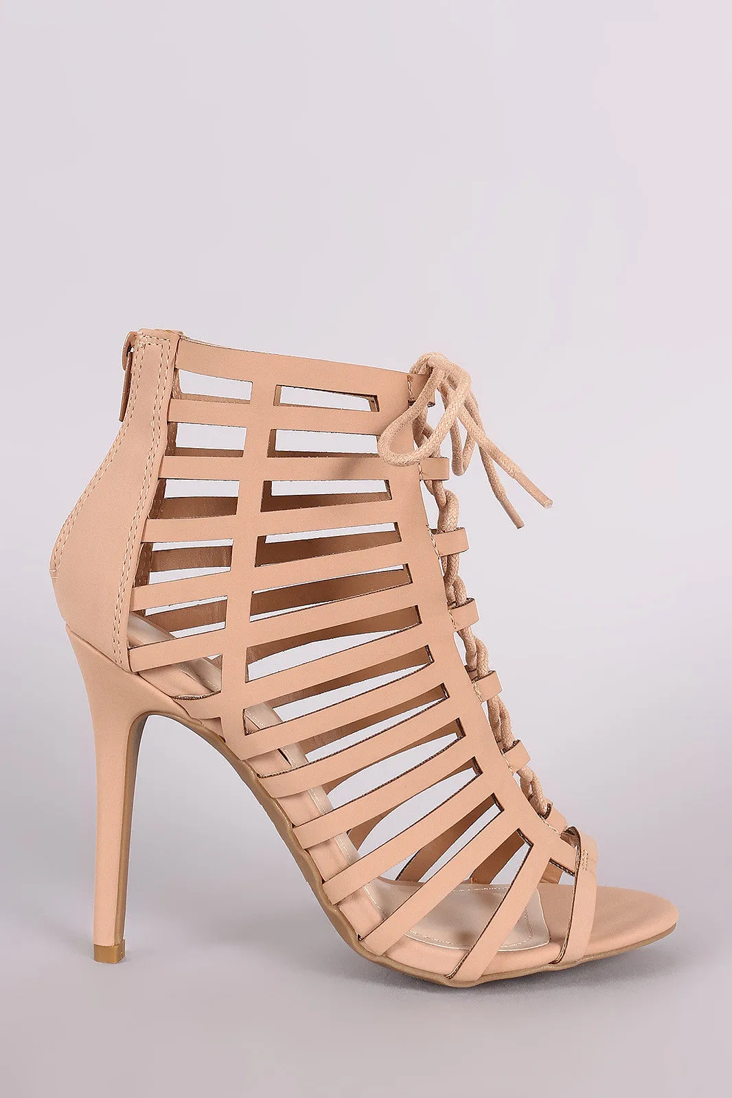 Anne Michelle Nubuck Caged Lace Up Stiletto Heel