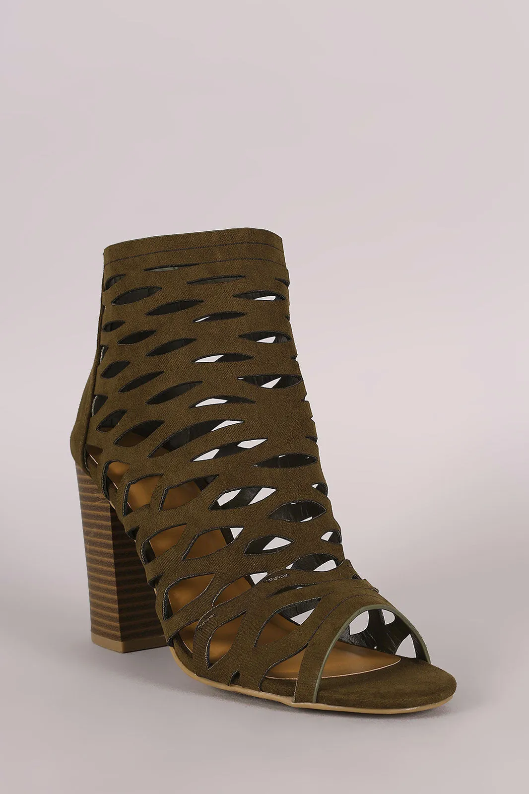 Bamboo Suede Caged Cutout Chunky Heeled Booties