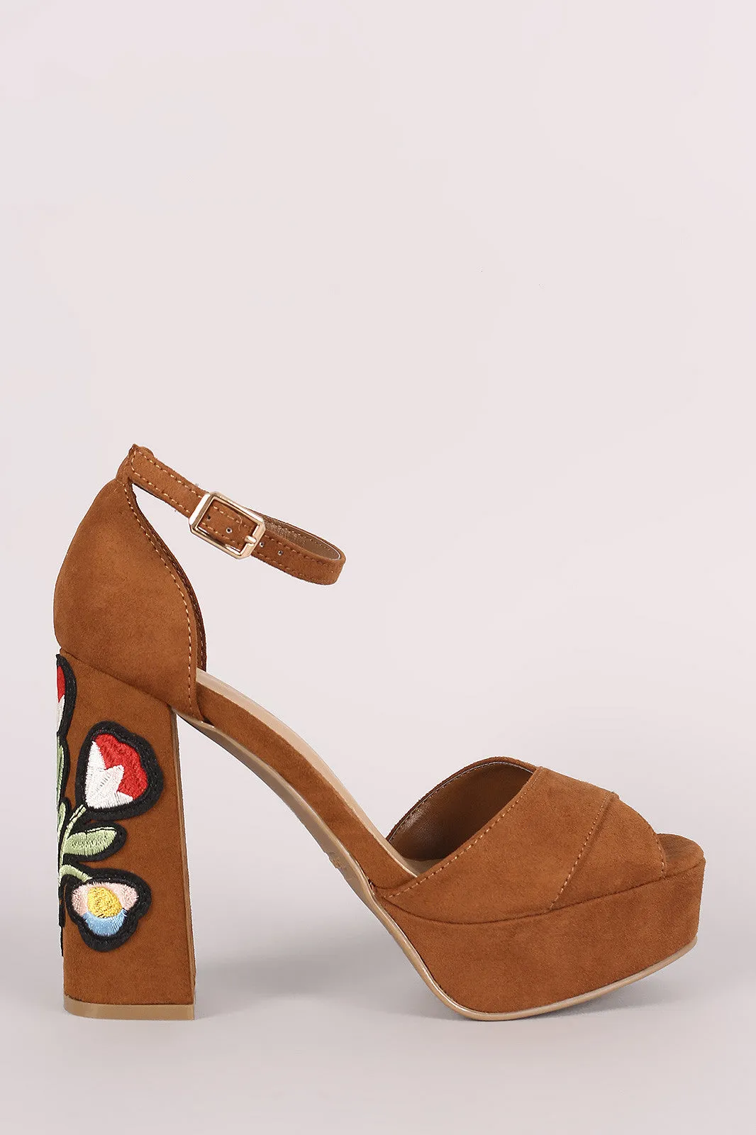 Bamboo Suede Embroidered Floral Chunky Platform Heel