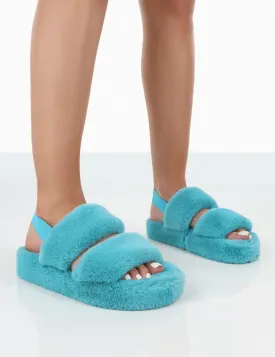 Bed Time Blue Faux Fur Fluffy Strappy Slingback Slippers