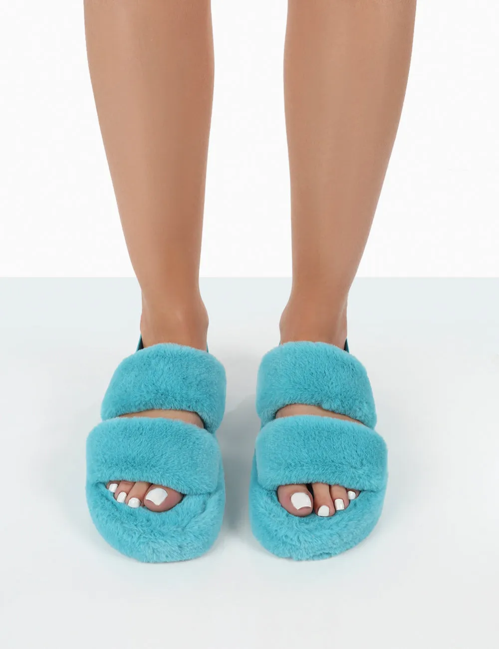 Bed Time Blue Faux Fur Fluffy Strappy Slingback Slippers