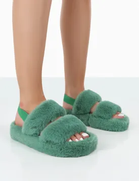 Bed Time Green Faux Fur Fluffy Strappy Slingback Slippers