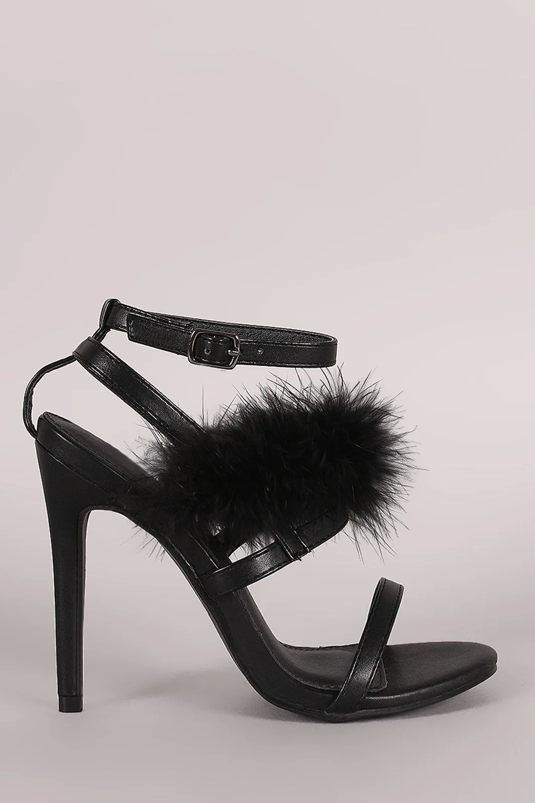 Feather Embellished Ankle Strap Open Toe Heel