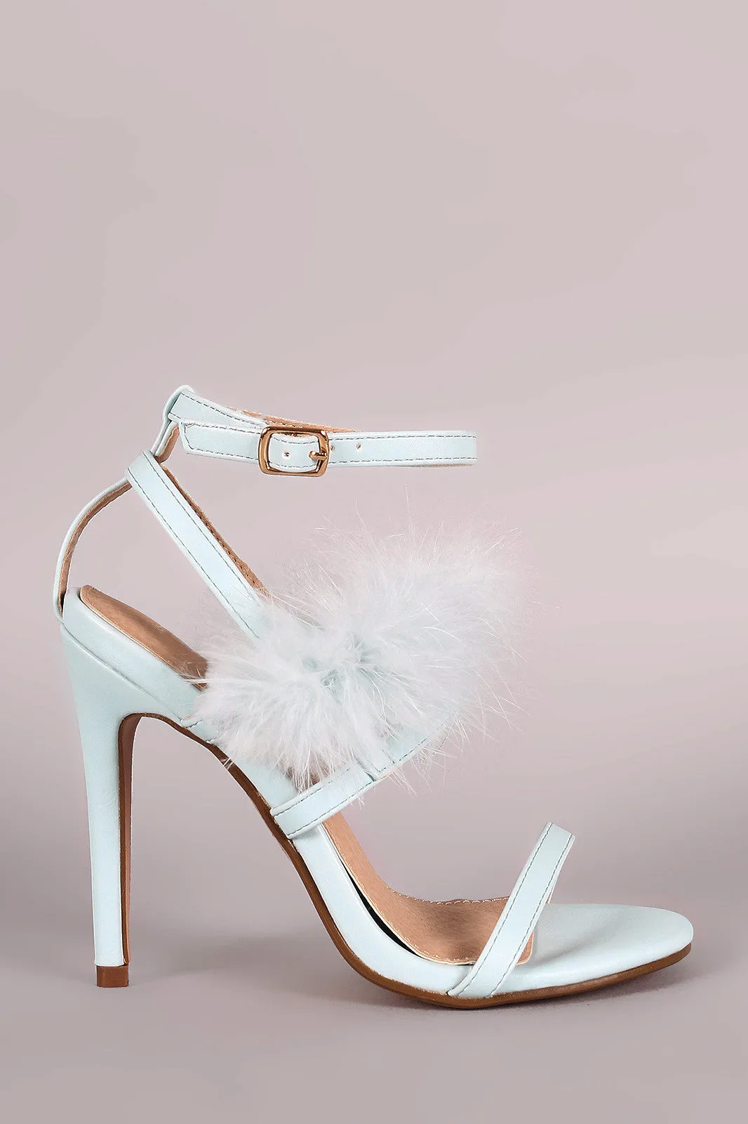 Feather Embellished Ankle Strap Open Toe Heel