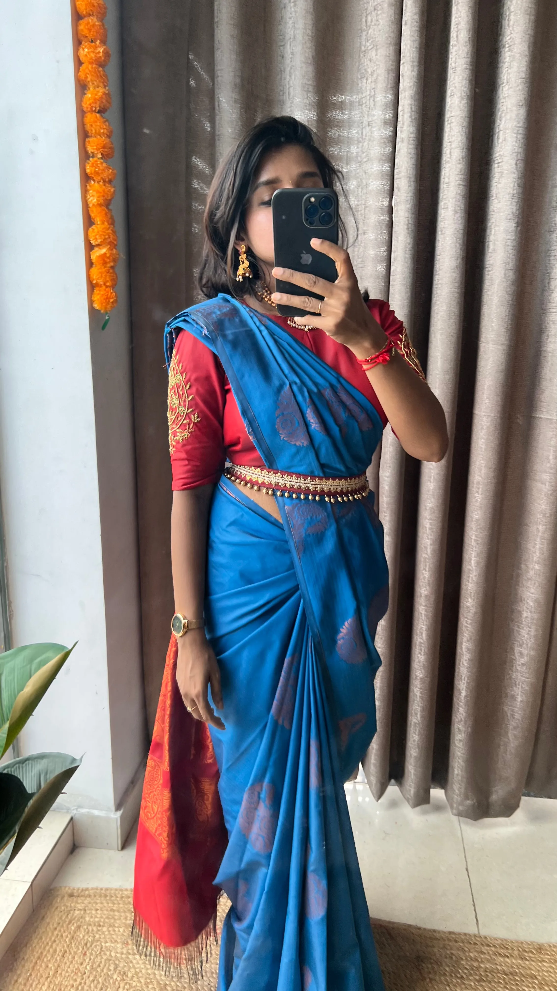 (Free full draping )Blue and brown semi silk saree with hand worked blouse