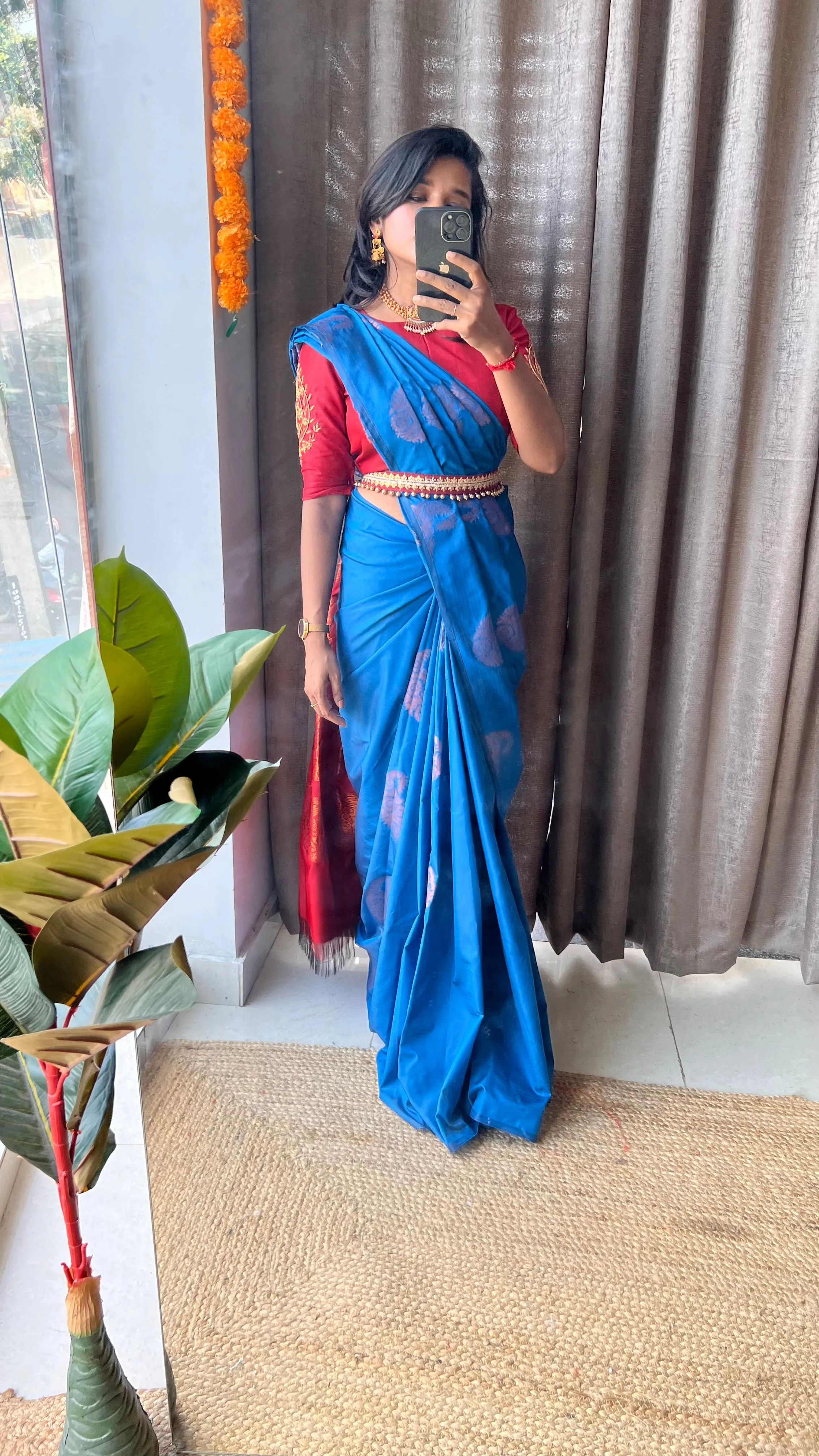 (Free full draping )Blue and brown semi silk saree with hand worked blouse