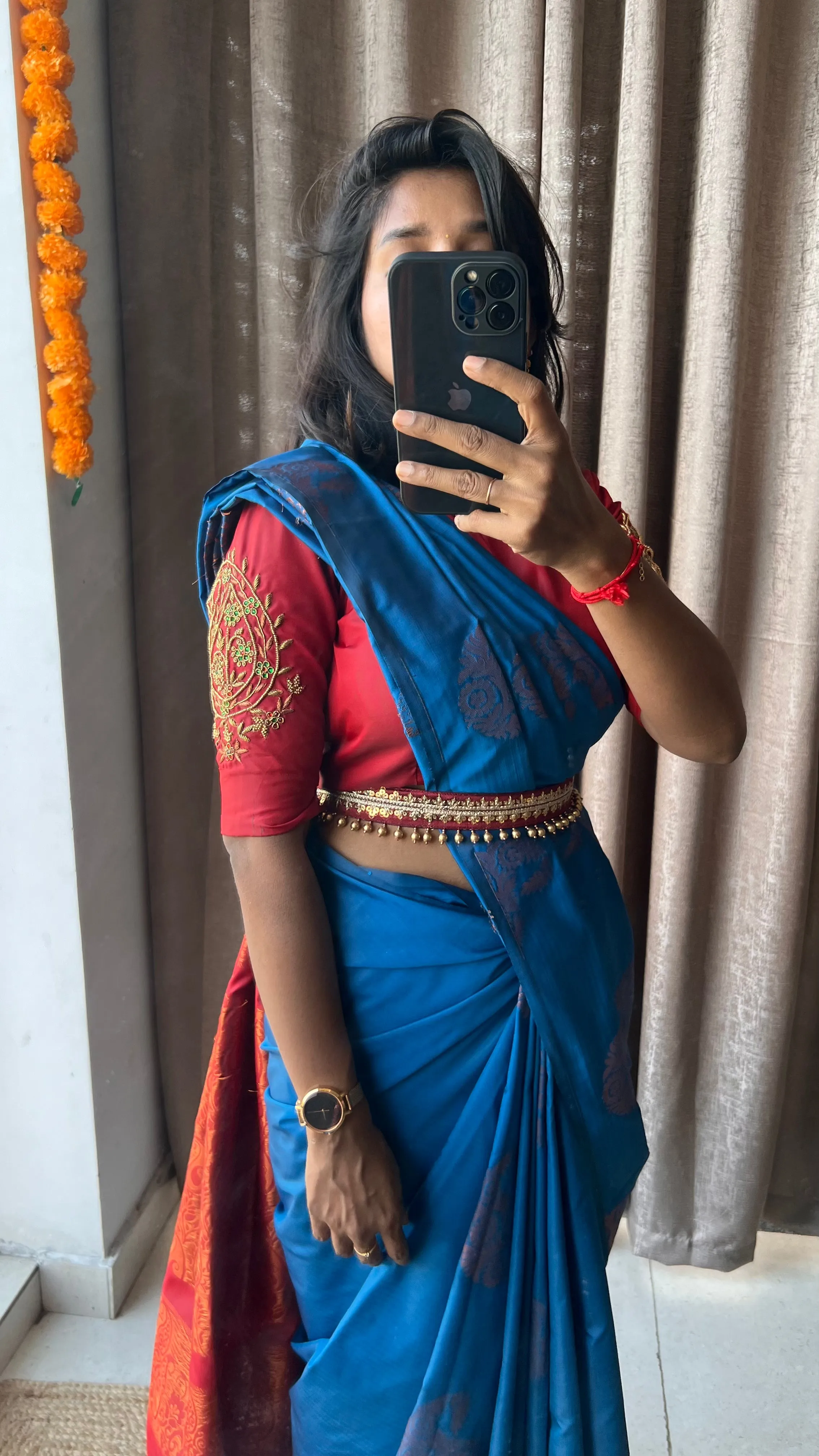 (Free full draping )Blue and brown semi silk saree with hand worked blouse