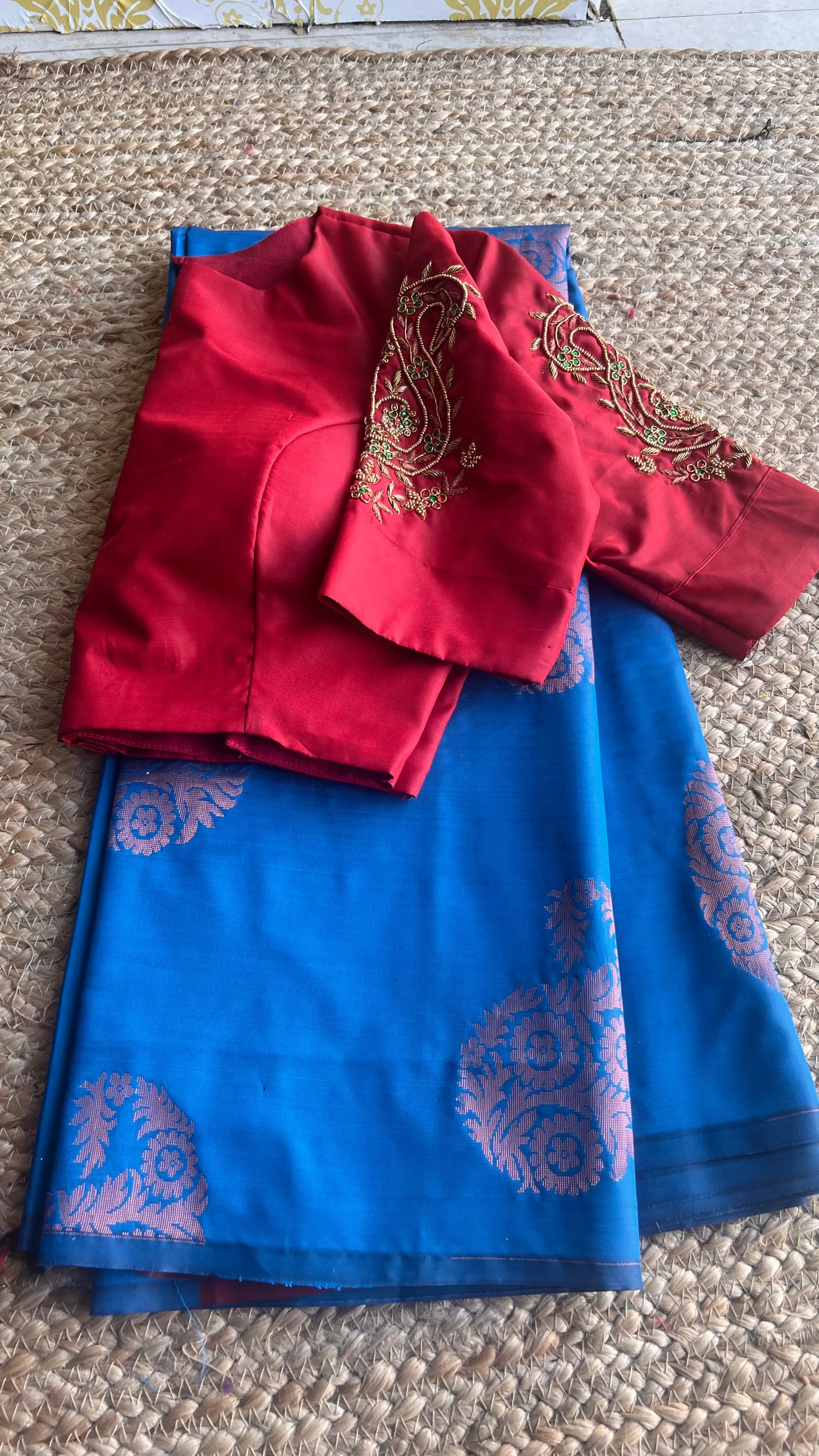 (Free full draping )Blue and brown semi silk saree with hand worked blouse