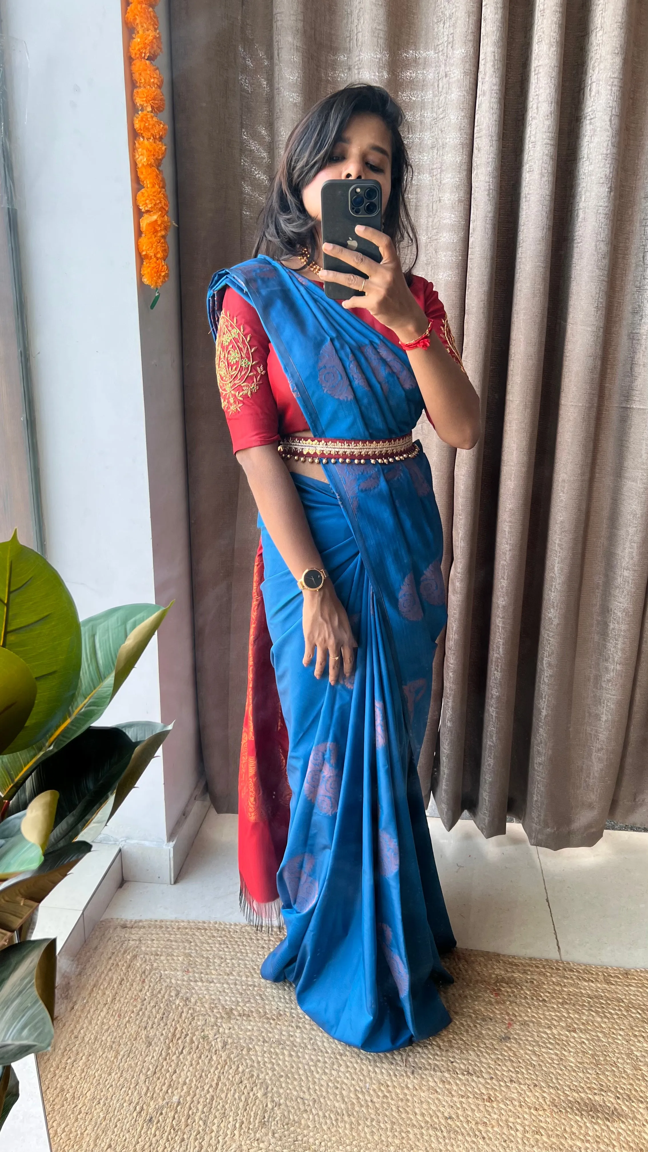 (Free full draping )Blue and brown semi silk saree with hand worked blouse