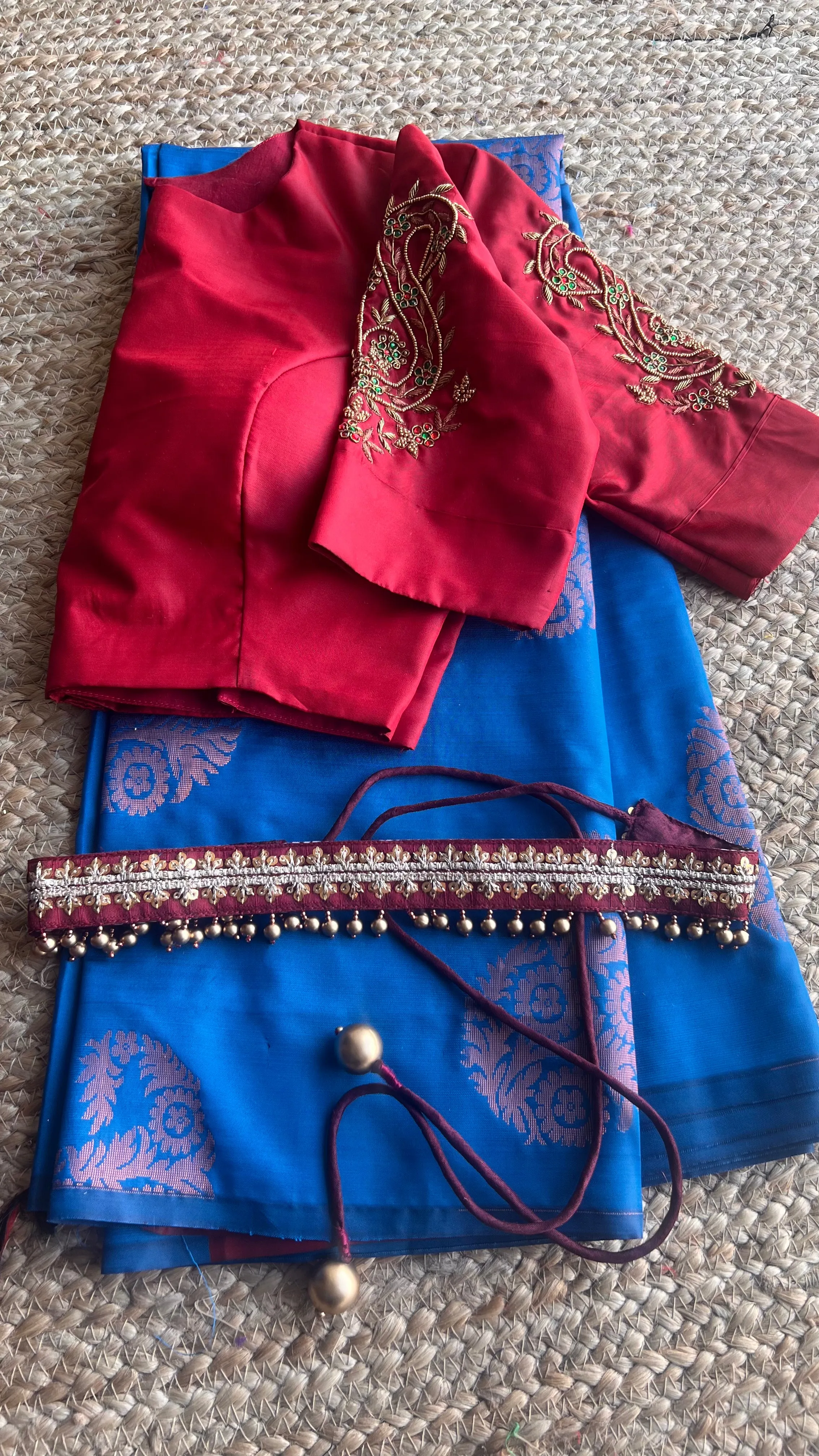 (Free full draping )Blue and brown semi silk saree with hand worked blouse