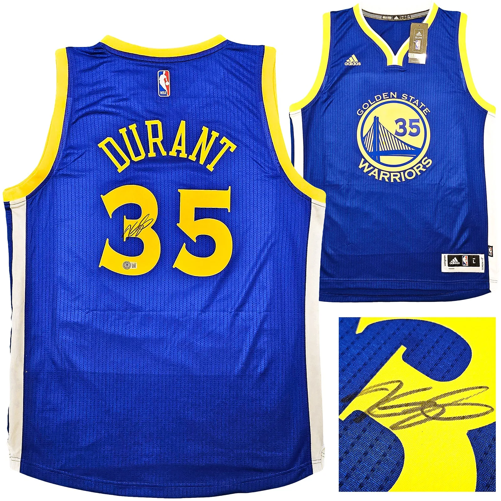 Golden State Warriors Kevin Durant Autographed Blue Adidas Swingman Jersey Size L   2 Length Beckett BAS QR Stock #212184