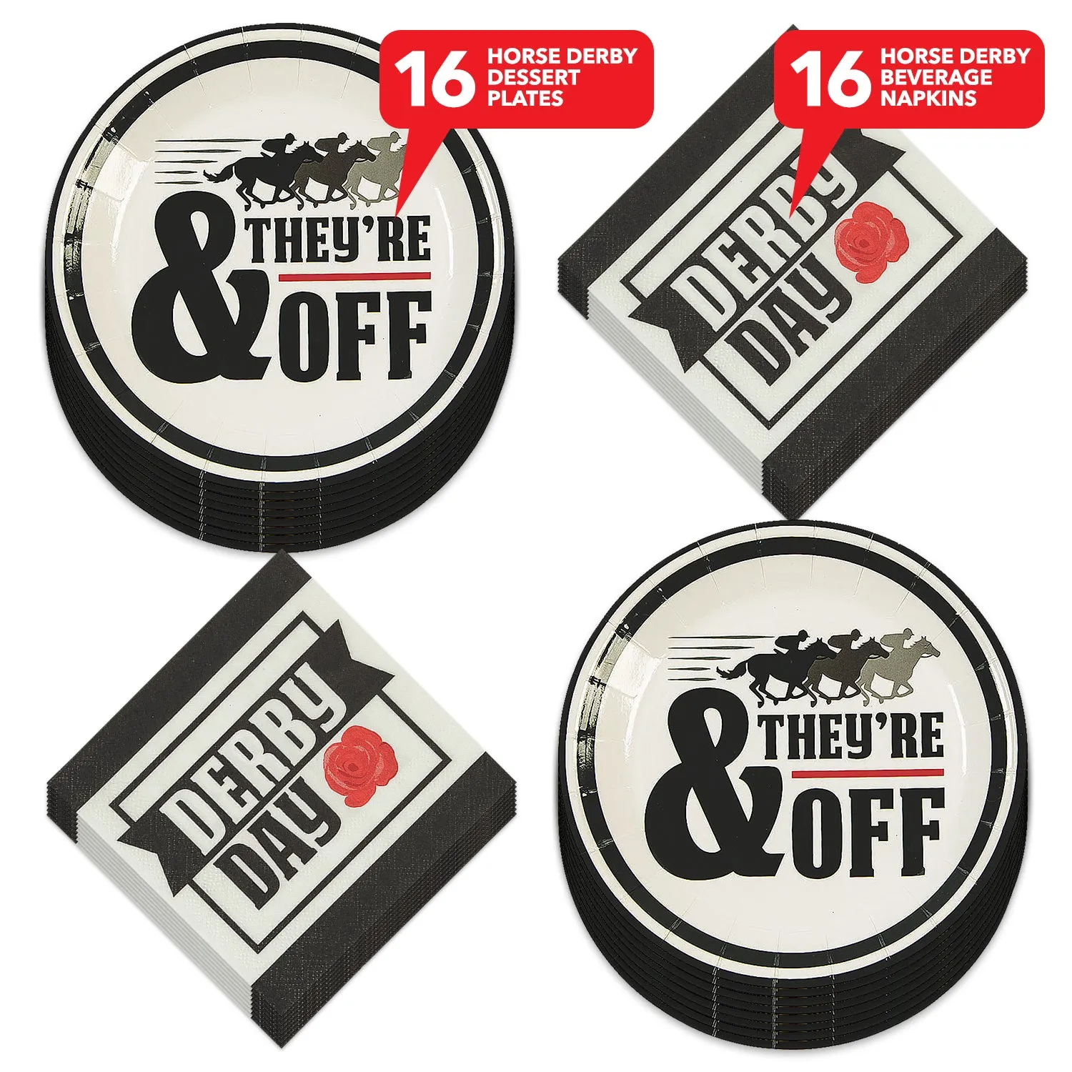 Horse Racing Derby Party"& They're Off" Paper Dessert Plates and Beverage Napkins (Serves 16)