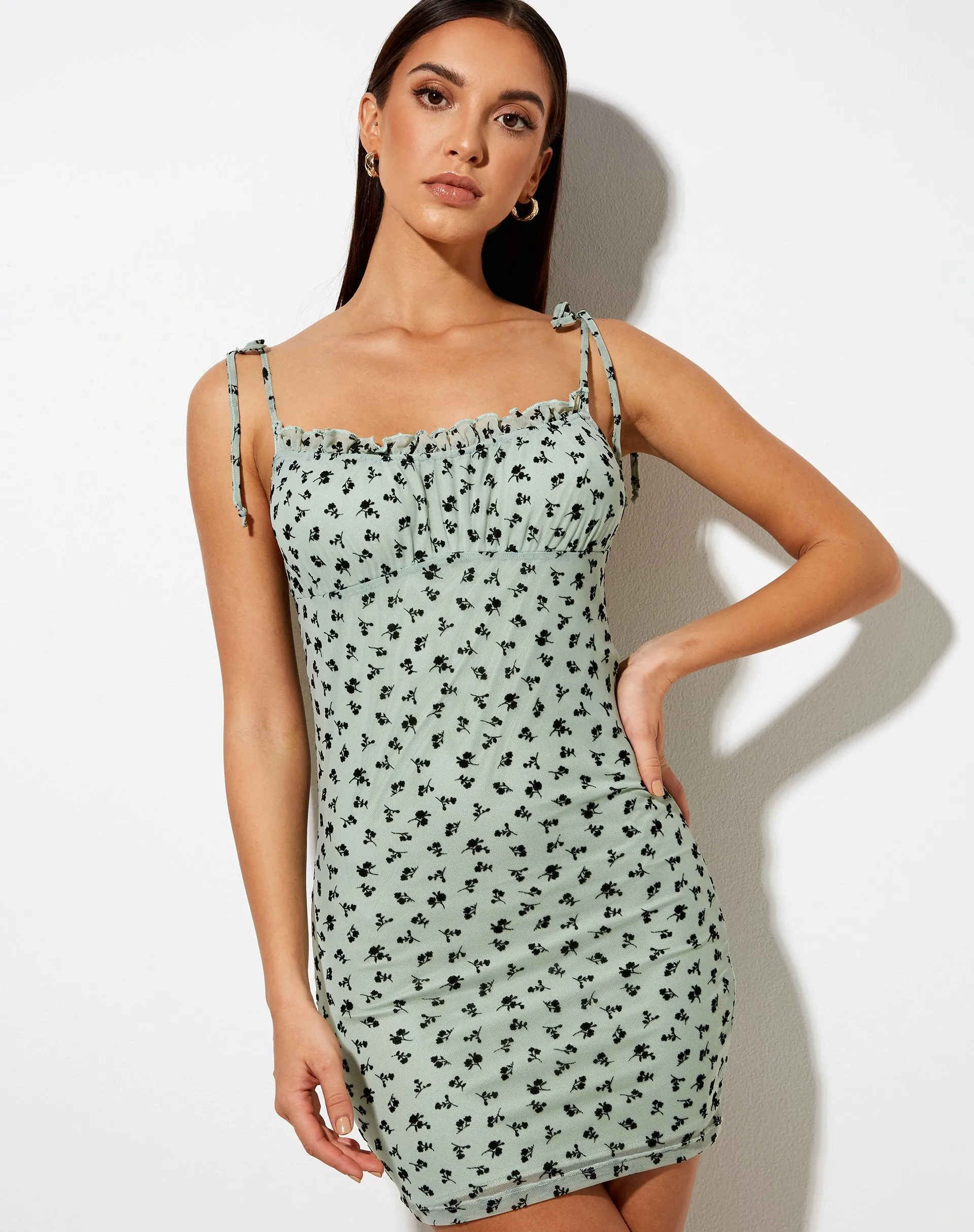 Kalosa Mini Dress in Sage Flower Buds Black Flock