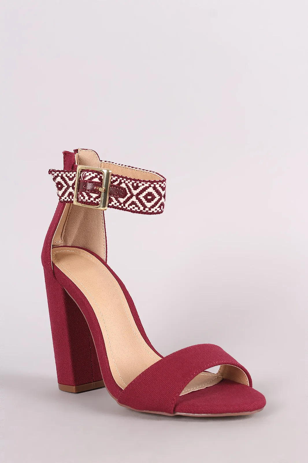 Liliana Canvas Aztec Print Ankle Strap Chunky Heel