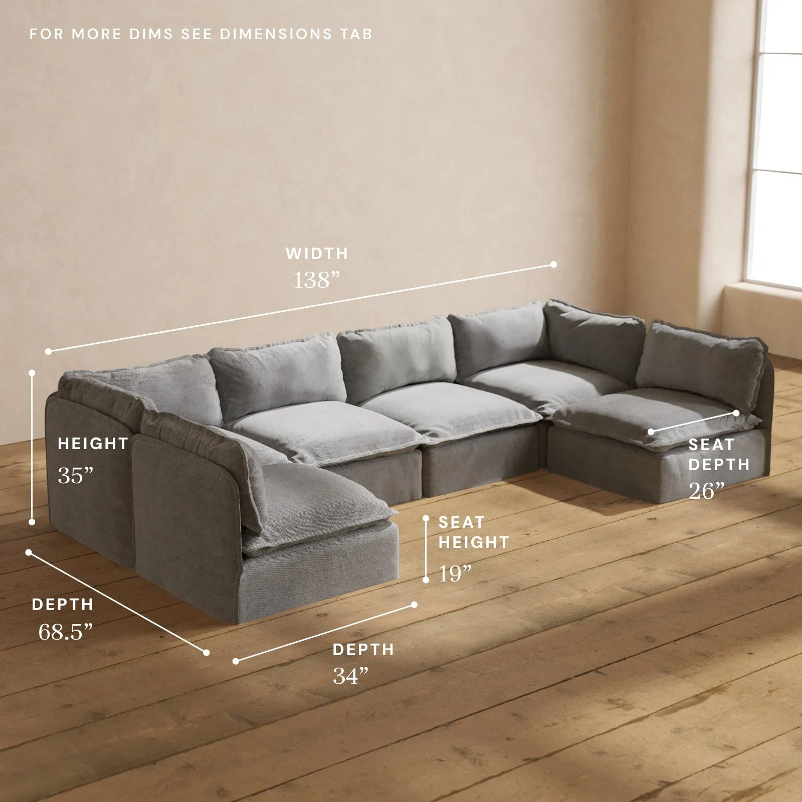 Modular Performance 6-Seater Open-Ends U-Sectional in Ash | Relaxed Blend