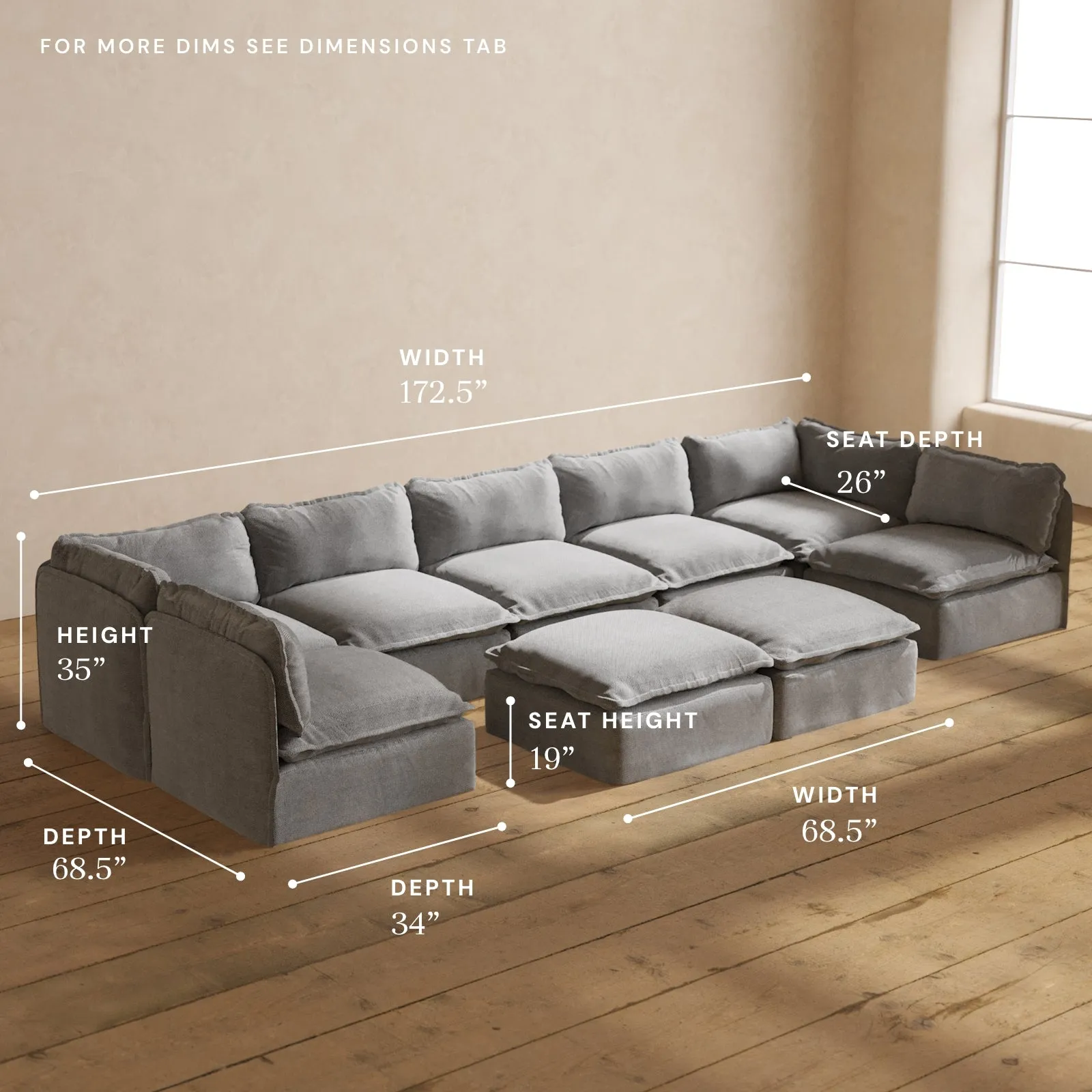 Modular Performance 7-Seater Open-Ends U-Sectional   Bench Ottoman in Ash | Relaxed Blend