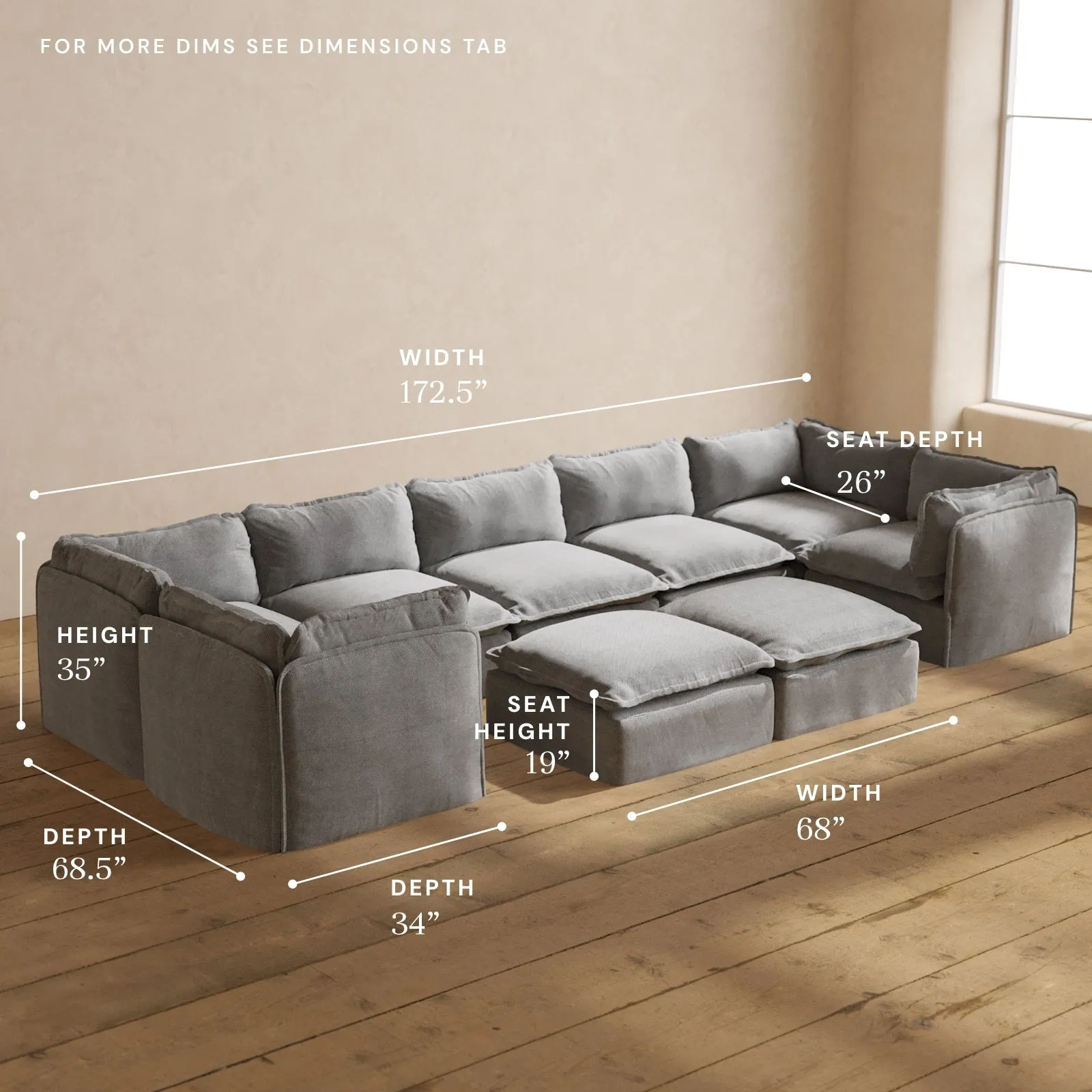 Modular Performance 7-Seater U-Sectional   Bench Ottoman in Ash | Relaxed Blend