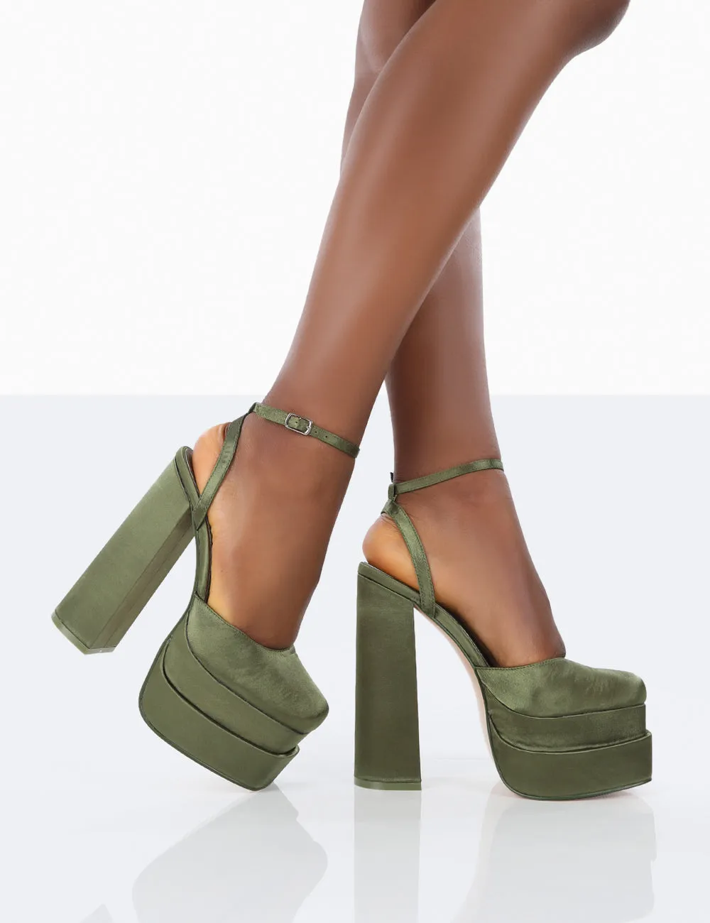 Moonchild Olive Satin Closed Toe Statement Platform Block Heels