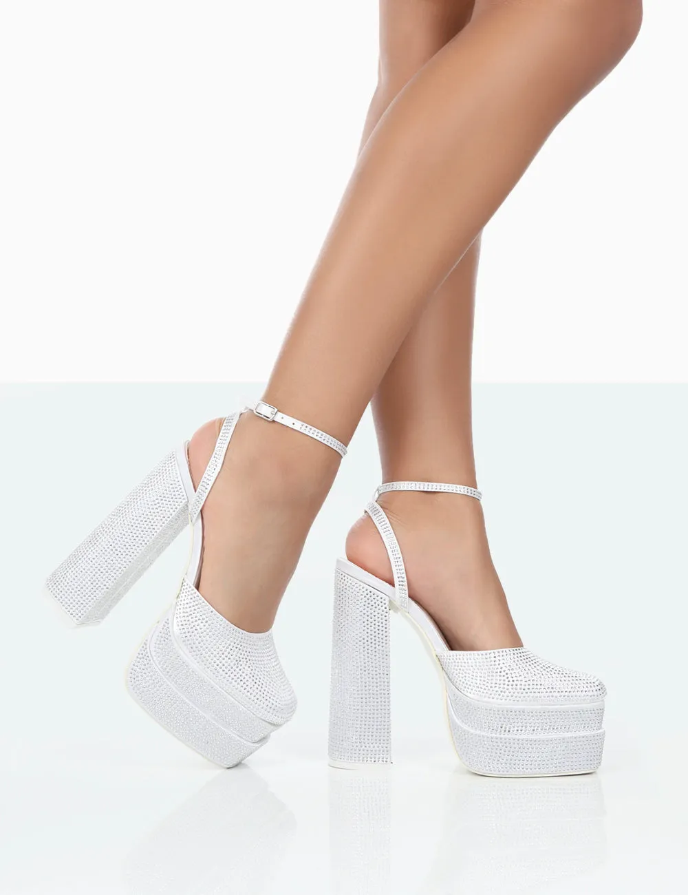 Moonchild Wide Fit White Diamanté Satin Statement Platform Block Heels