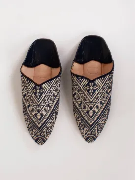 Moroccan Jacquard Pointed Babouche Slippers, Indigo