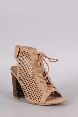 Oashae -  Perforated Nubuck Lace Up Chunky Heeled Mule Booties