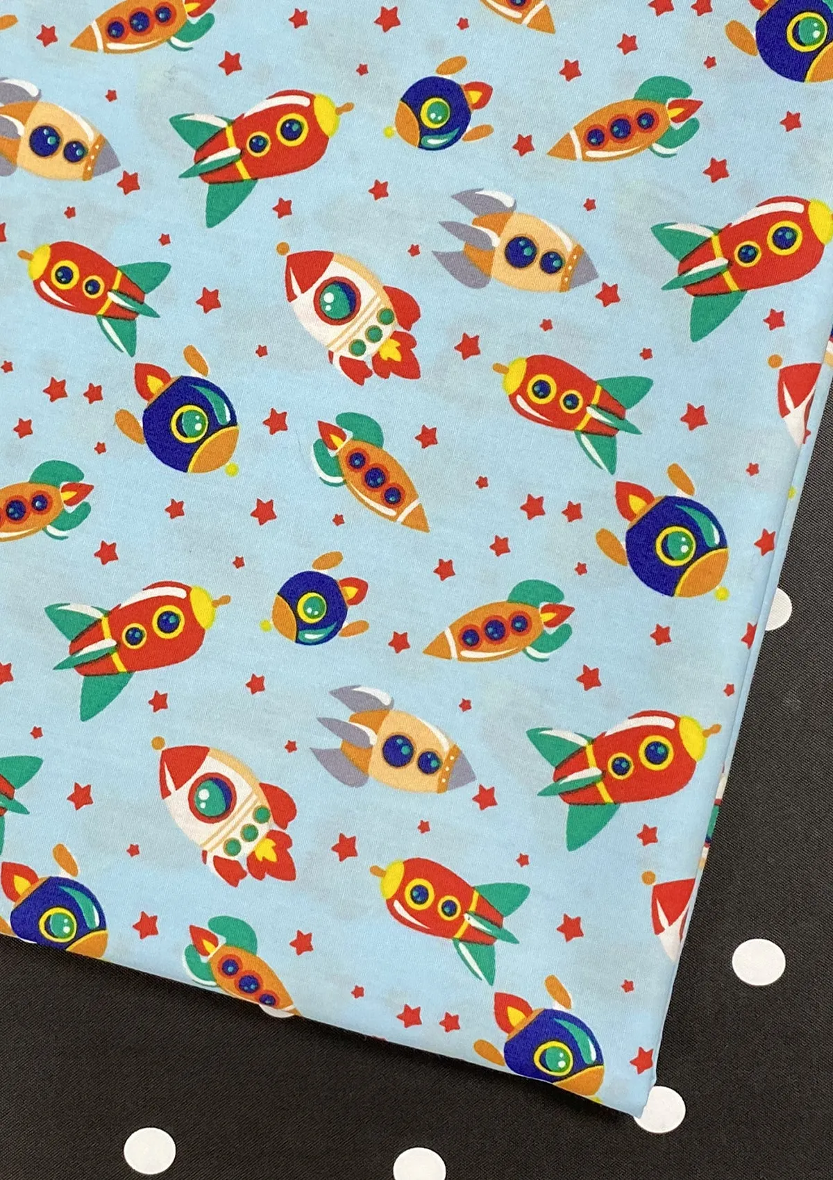 Rockets Spaceships Cotton Print Fabric Space Theme 45" Wide 100% Craft Poplin Dress Material D#141 - Sky