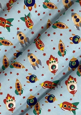 Rockets Spaceships Cotton Print Fabric Space Theme 45" Wide 100% Craft Poplin Dress Material D#141 - Sky