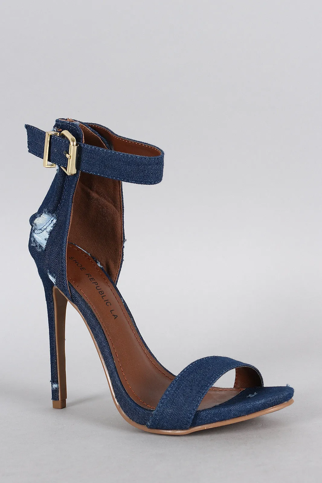 Shoe Republic LA Distress Denim Ankle Strap Heel