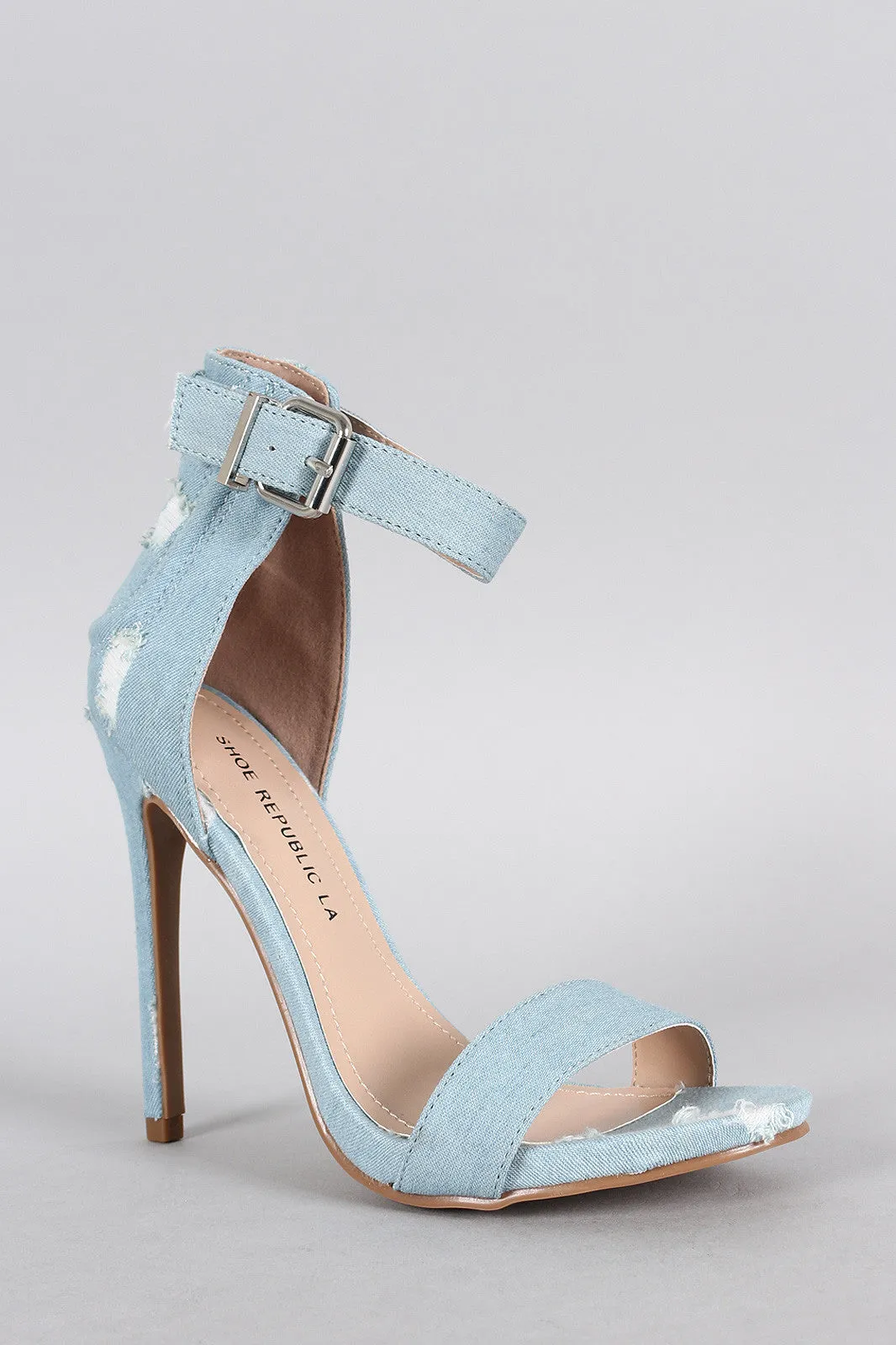 Shoe Republic LA Distress Denim Ankle Strap Heel