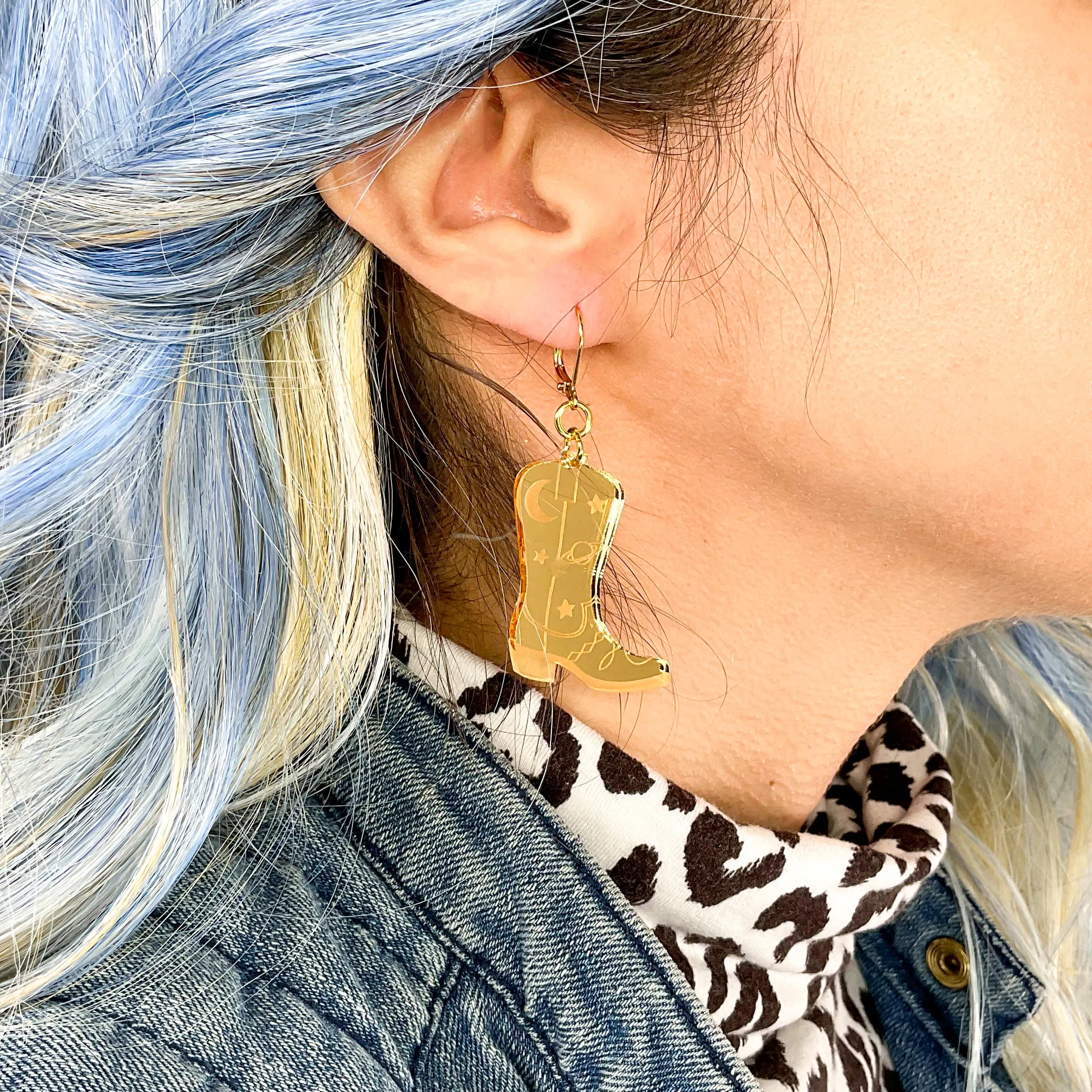 Space Cowboy Boot Dangle Earrings- Mirror Gold