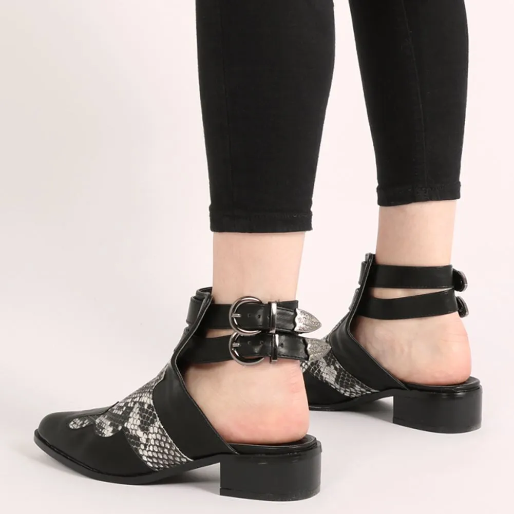 Tegan Western Style Mule Boots in Black and Snake Print