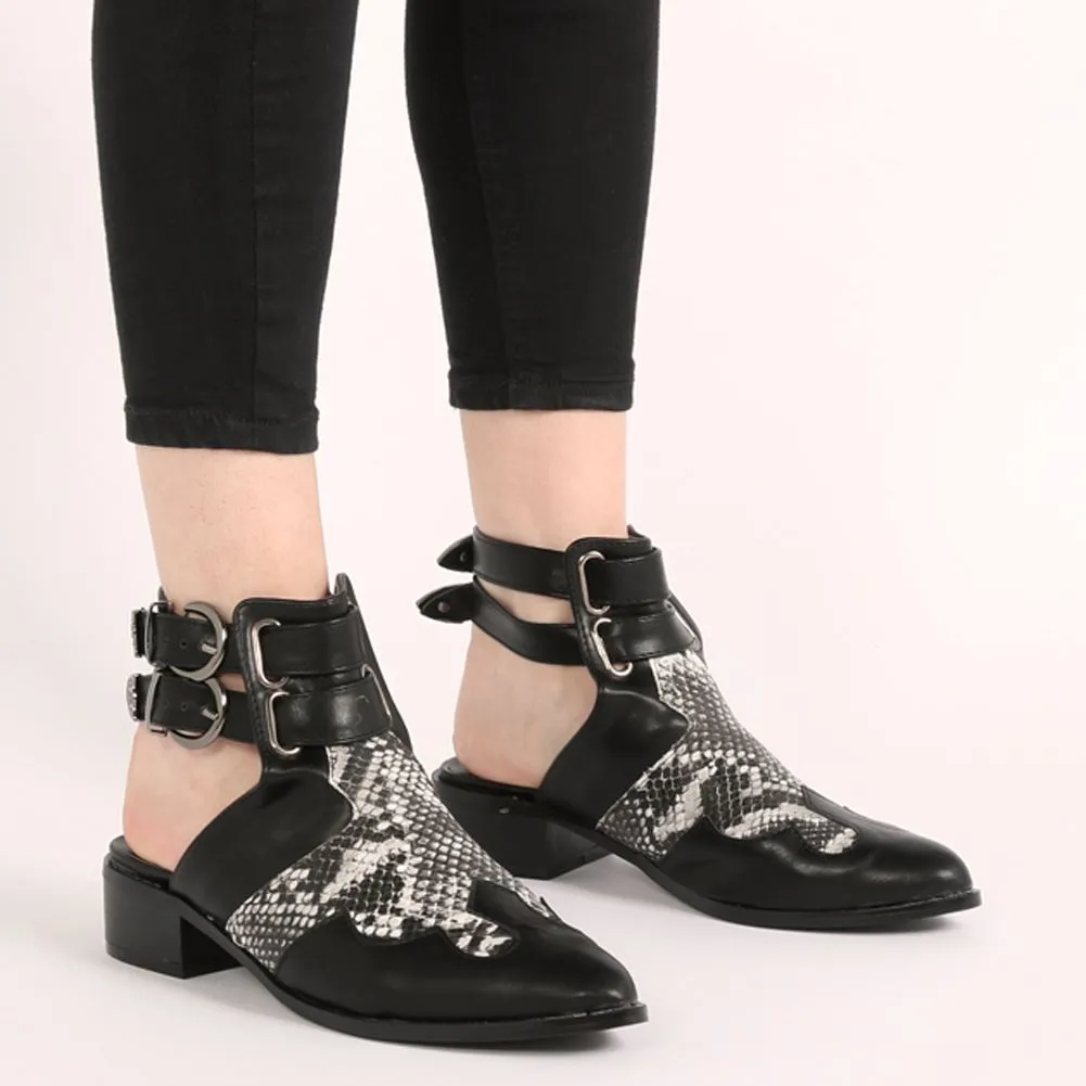 Tegan Western Style Mule Boots in Black and Snake Print